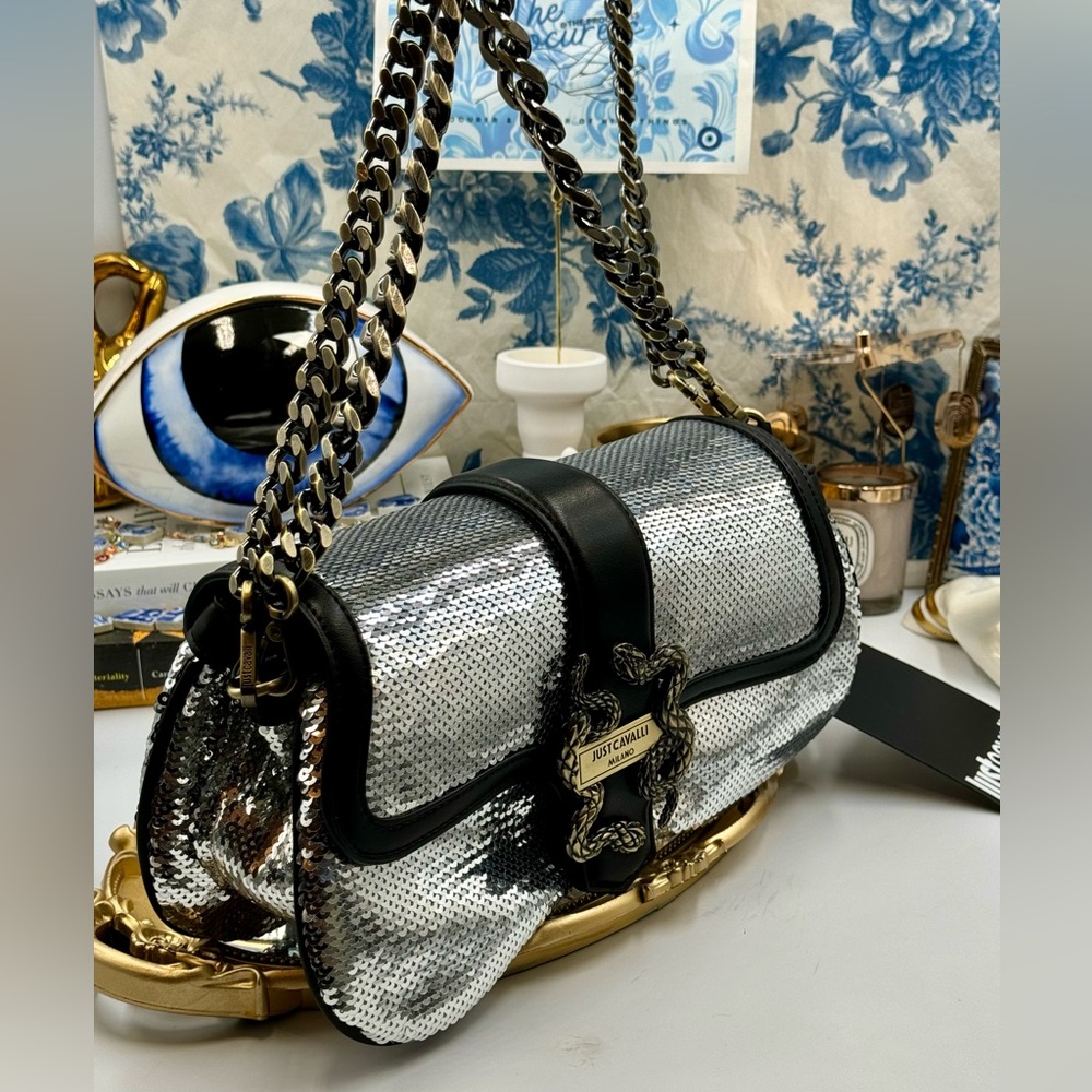 🆕 JUST CAVALLI 🧿 NWT Iconic Snakes Logo-Plaque Sequin Handbag - Picture 5 of 15